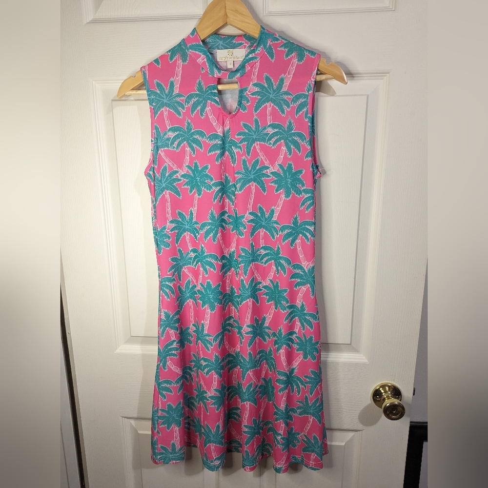 Simply Southern pink with palm tree pattern dress with pockets size small
